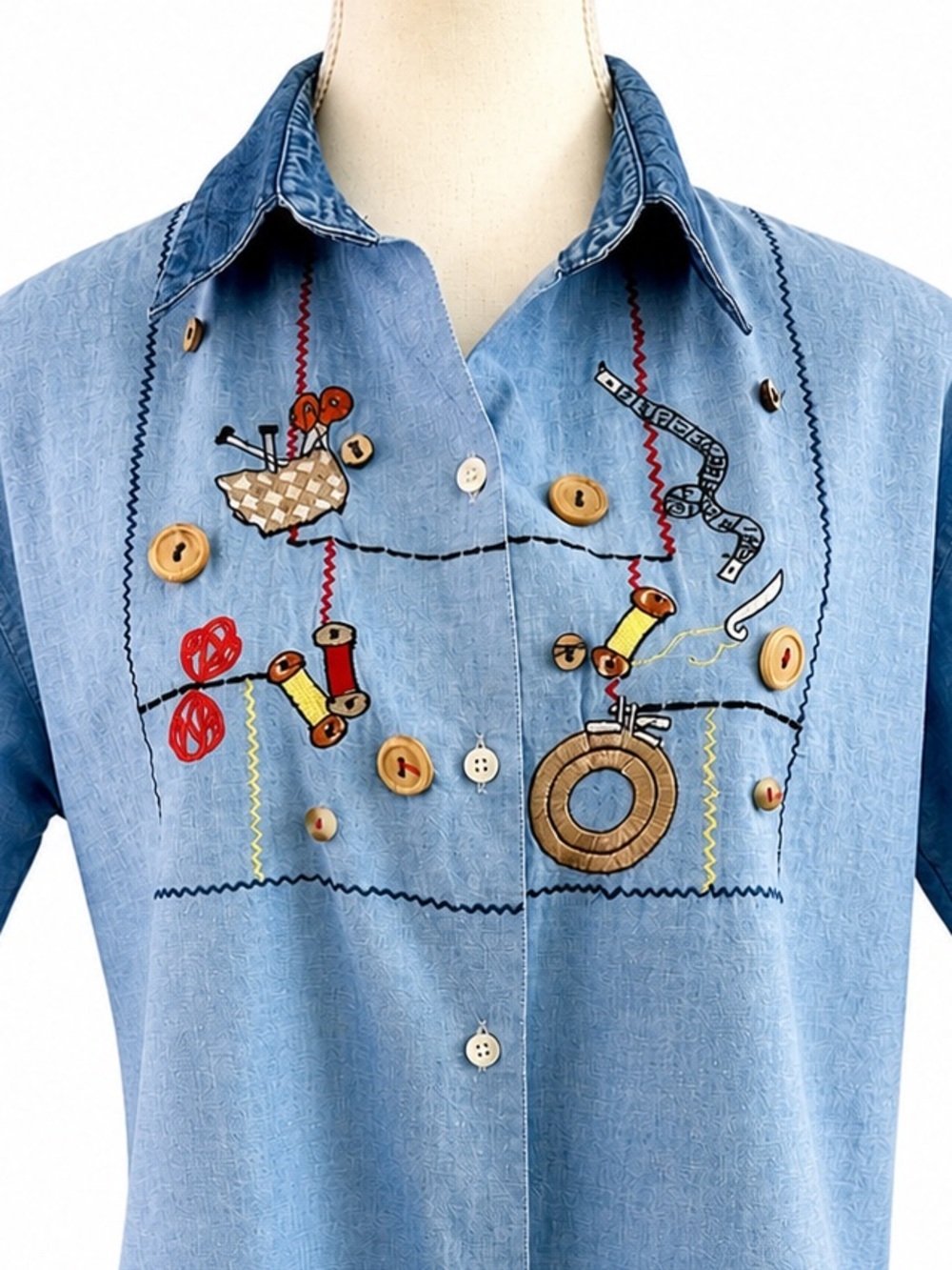 Keren Hart Chambray Embroidered Sewing Shirt Craftcore Art Teacher Sz S
